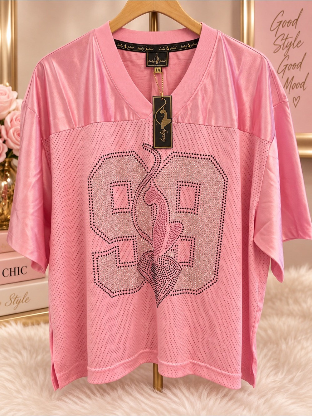 Baby Phat Pink Rhinestone 25th Anniversary Mesh Jersey Top 1X